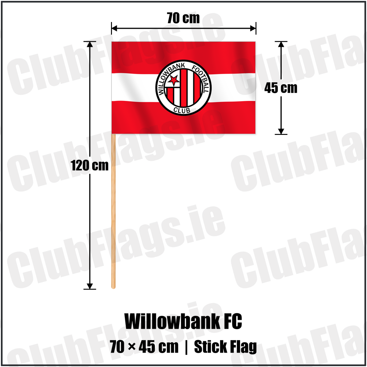 Willowbank FC 45cm x 70cm Stick Flag with the club crest and colours, Antrim Football - ClubFlags.ie