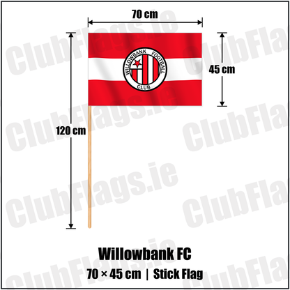 Willowbank FC 45cm x 70cm Stick Flag with the club crest and colours, Antrim Football - ClubFlags.ie