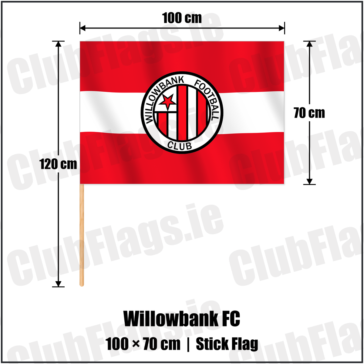 Willowbank FC 70cm x 100cm Stick Flag with the club crest and colours, Antrim Football - ClubFlags.ie