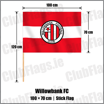 Willowbank FC 70cm x 100cm Stick Flag with the club crest and colours, Antrim Football - ClubFlags.ie