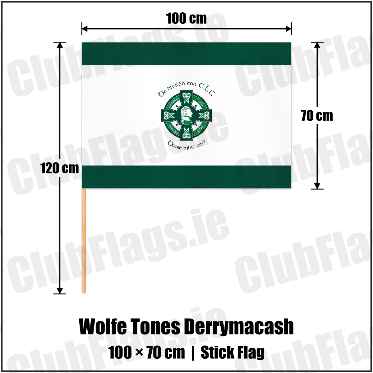 Wolfe Tones Derrymacash 70cm x 100cm Stick Flag with the club crest and colours, Armagh GAA - ClubFlags.ie
