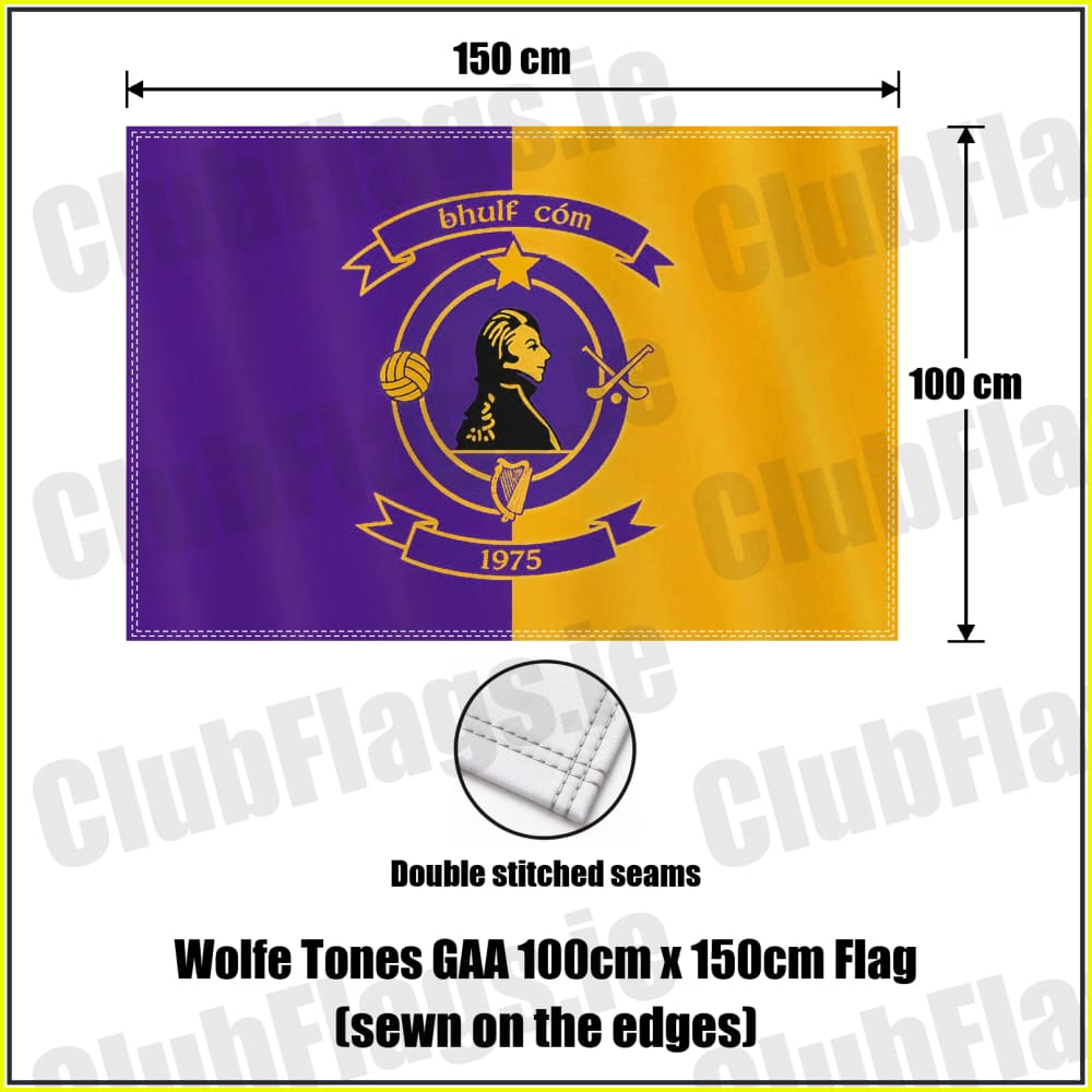 Wolfe Tones GAA, County Meath, purple and gold club-crest flag, 100 cm high by 150 cm wide, with double stitched edges.