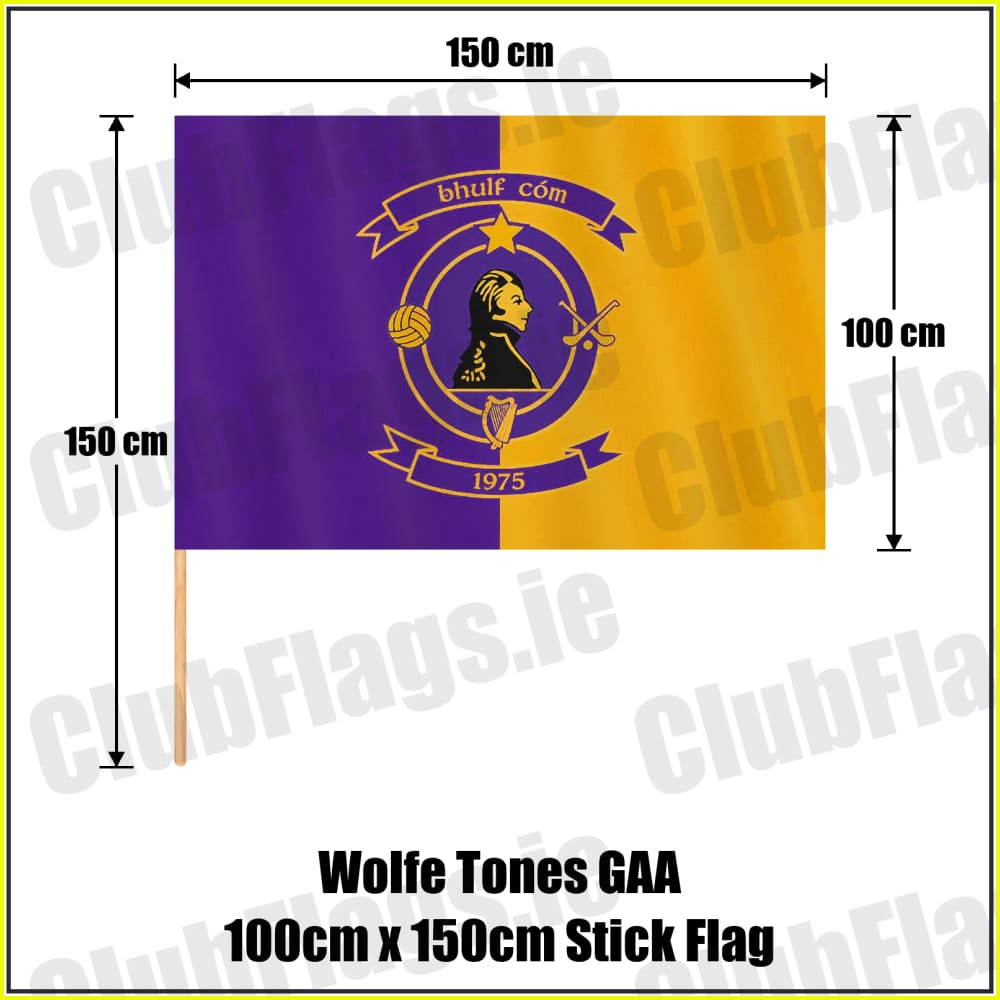 Wolfe Tones GAA, County Meath, purple and gold club-crest flag, 100 cm high by 150 cm wide, with wooden stick.