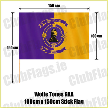 Wolfe Tones GAA, County Meath, purple and gold club-crest flag, 100 cm high by 150 cm wide, with wooden stick.