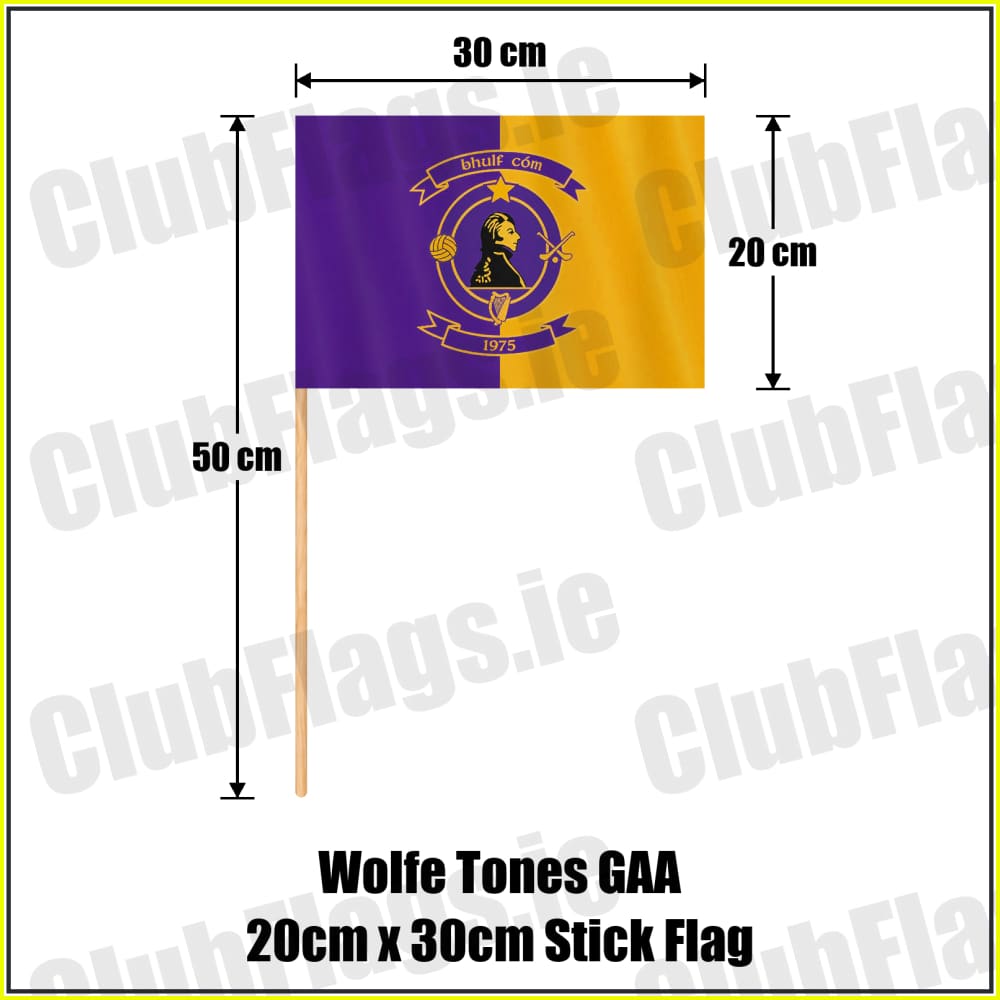 Wolfe Tones GAA, County Meath, purple and gold club-crest flag, 20 cm high by 30 cm wide, with wooden stick.