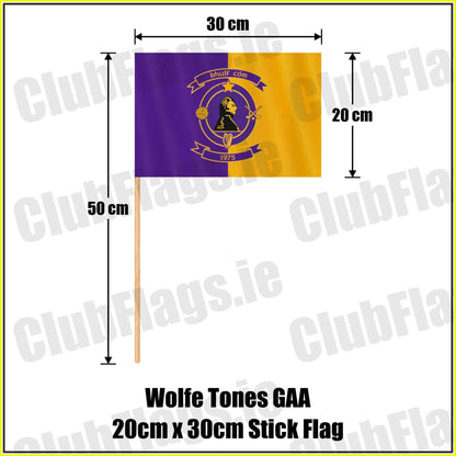Wolfe Tones GAA, County Meath, purple and gold club-crest flag, 20 cm high by 30 cm wide, with wooden stick.