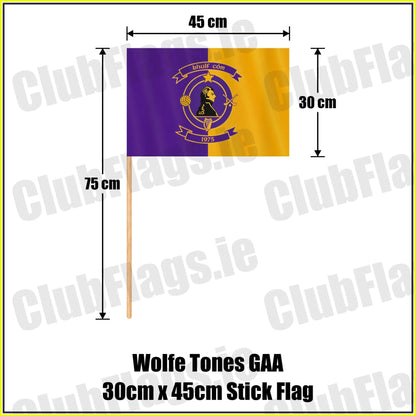 Wolfe Tones GAA, County Meath, purple and gold club-crest flag, 30 cm high by 45 cm wide, with wooden stick.
