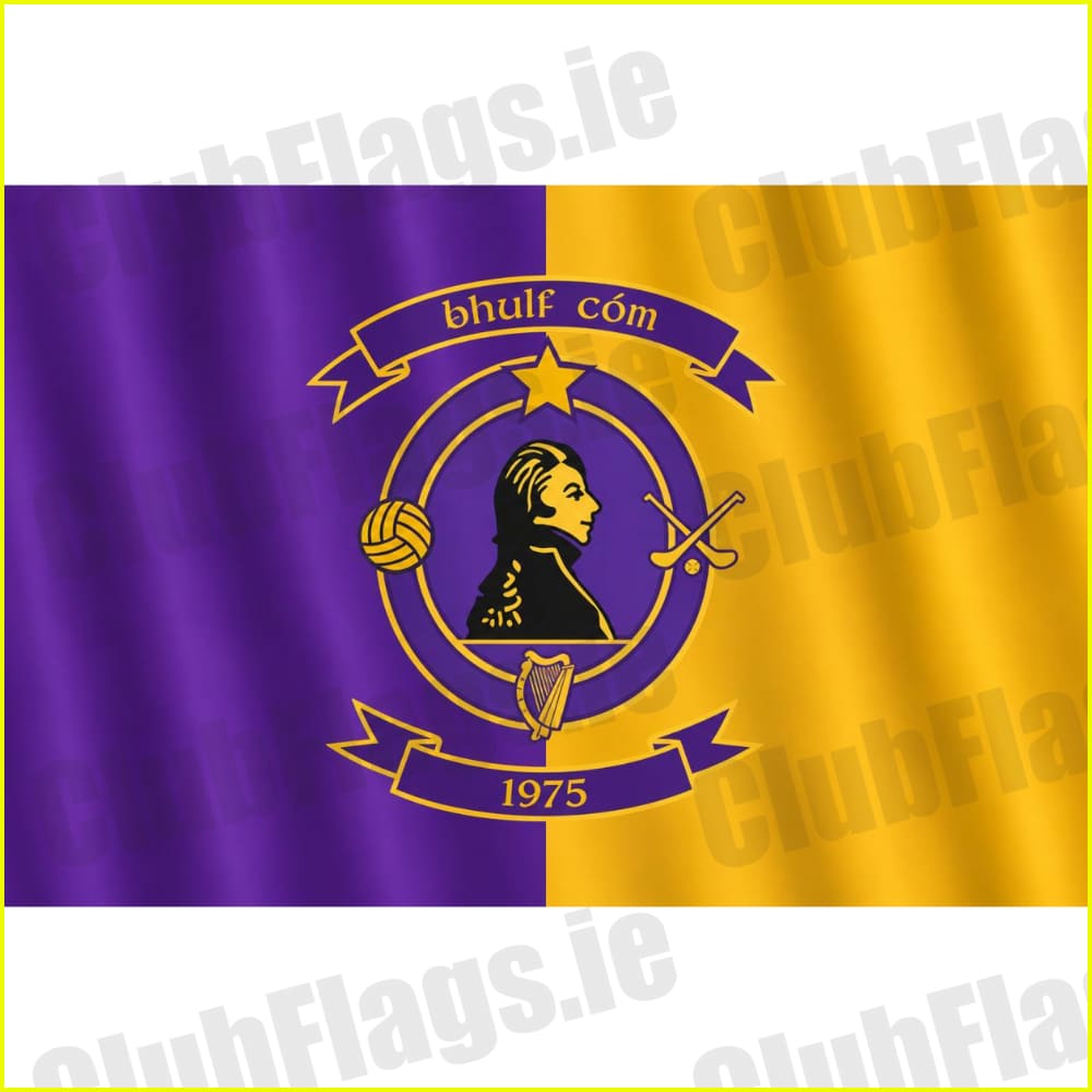 Original Wolfe Tones GAA flag artwork, County Meath: purple and gold vertical panels with the supplied portrait crest and 1975 banner.