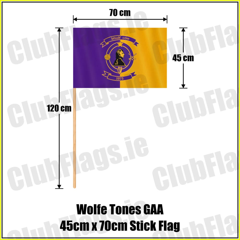 Wolfe Tones GAA, County Meath, purple and gold club-crest flag, 45 cm high by 70 cm wide, with wooden stick.