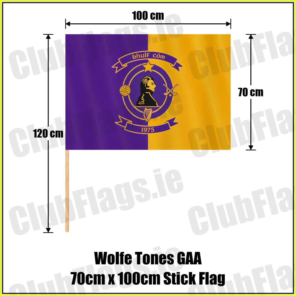 Wolfe Tones GAA, County Meath, purple and gold club-crest flag, 70 cm high by 100 cm wide, with wooden stick.
