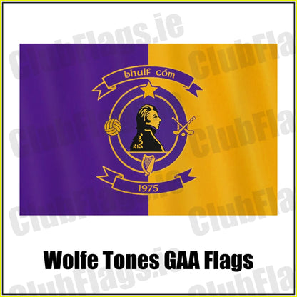 Wolfe Tones GAA purple and gold club flag with the supplied portrait crest and 1975 banner, County Meath.
