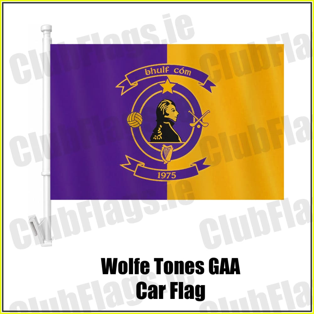 Wolfe Tones GAA, County Meath, purple and gold club-crest car flag with white plastic window mount.
