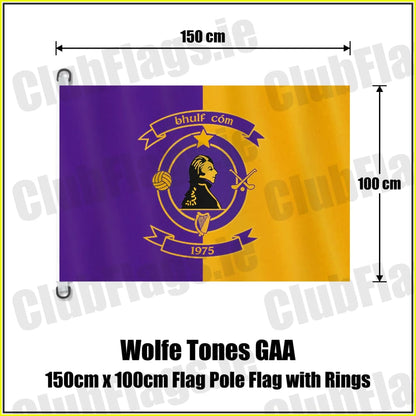 Wolfe Tones GAA, County Meath, purple and gold club-crest flag, 150 cm wide by 100 cm high, with two D rings; pole not included.